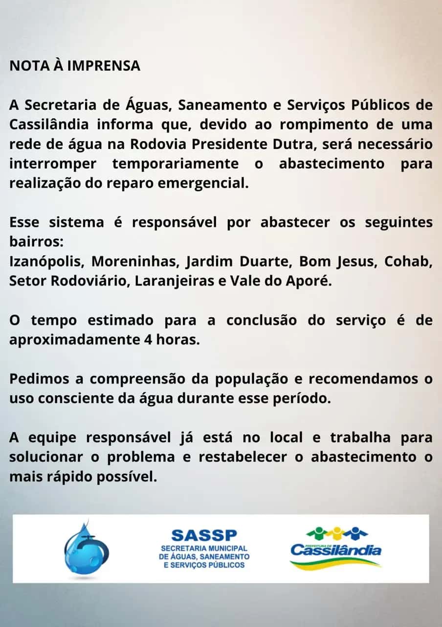 SASSP emite comunicado e alerta para falta de água em Cassilândia